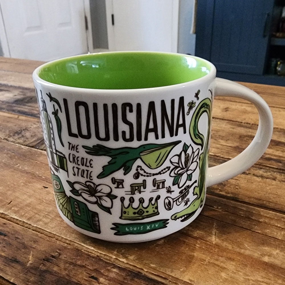 Louisiana Themed Green and White Mug